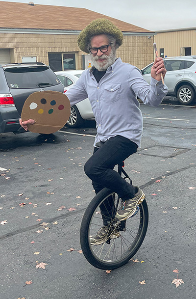 Workers enjoying snow